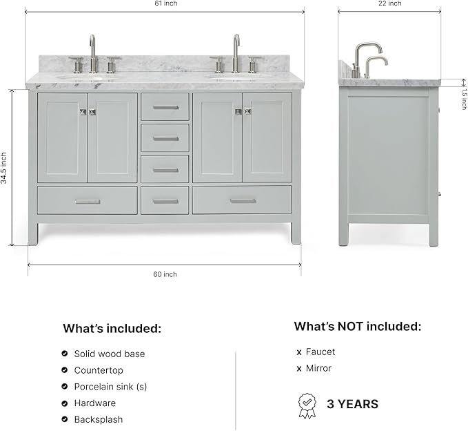 ARIEL Cambridge 60-inch Bathroom Vanity with Sink,Solid Wood, 1.5-inch Italian Carrara Marble Countertop & Backsplash, Double Oval Porcelain Sink, 4 Soft Closing Doors, 6 Dovetail Drawers, Grey