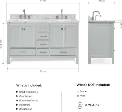 ARIEL Cambridge 60-inch Bathroom Vanity with Sink,Solid Wood, 1.5-inch Italian Carrara Marble Countertop & Backsplash, Double Oval Porcelain Sink, 4 Soft Closing Doors, 6 Dovetail Drawers, Grey
