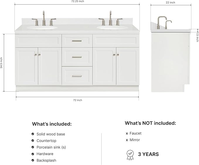 ARIEL Hamlet 72" Double White Bathroom Vanity, 1.5" Edge Carrara Quartz Countertop & Splash, Oval Sinks, 4 Soft Closing Doors, 3 Full Extension Dovetail Drawers, Toe Kick, Brushed Nickel
