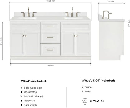 ARIEL Hamlet 72" Double White Bathroom Vanity, 1.5" Edge Carrara Quartz Countertop & Splash, Oval Sinks, 4 Soft Closing Doors, 3 Full Extension Dovetail Drawers, Toe Kick, Brushed Nickel