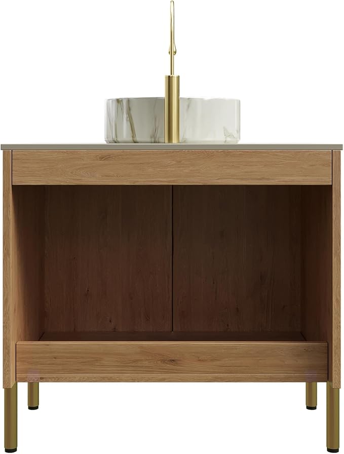 30" Bathroom Vanity with Sink, Bathroom Storage Cabinet with Black Bowl Shaped Ceramic Basin and Roma Travertine-Pattern Sintered Stone Top and Soft Closing Doors, Freestanding Vanities, Natural Wood