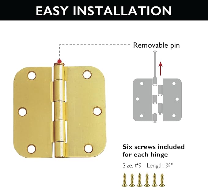 Design House Interior Door Hinges, 3.5 in. x 3.5 in., Rounded, 5/8-in. Radius, Steel, Pre-Lubricated, Door Hardware, Satin Brass, 3-Pack, 181396