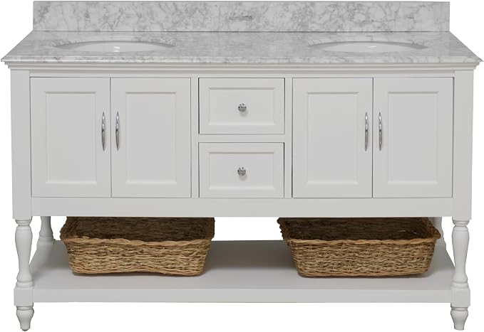 Beverly 60-inch Double Bathroom Vanity (White/Carrara): Includes White Cabinet with Authentic Italian Carrara Marble Countertop and White Ceramic Sinks