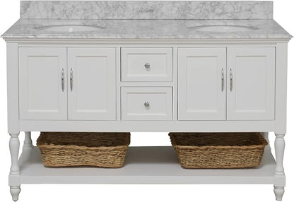Beverly 60-inch Double Bathroom Vanity (White/Carrara): Includes White Cabinet with Authentic Italian Carrara Marble Countertop and White Ceramic Sinks