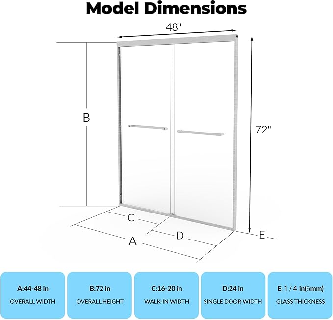 44" - 48" W x 72" H Semi-Frameless Double Sliding Shower Door, Bypass Walk-in Shower Enclosure with 1/4" Tempered Glass, Silver Finish