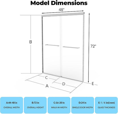 44" - 48" W x 72" H Semi-Frameless Double Sliding Shower Door, Bypass Walk-in Shower Enclosure with 1/4" Tempered Glass, Silver Finish