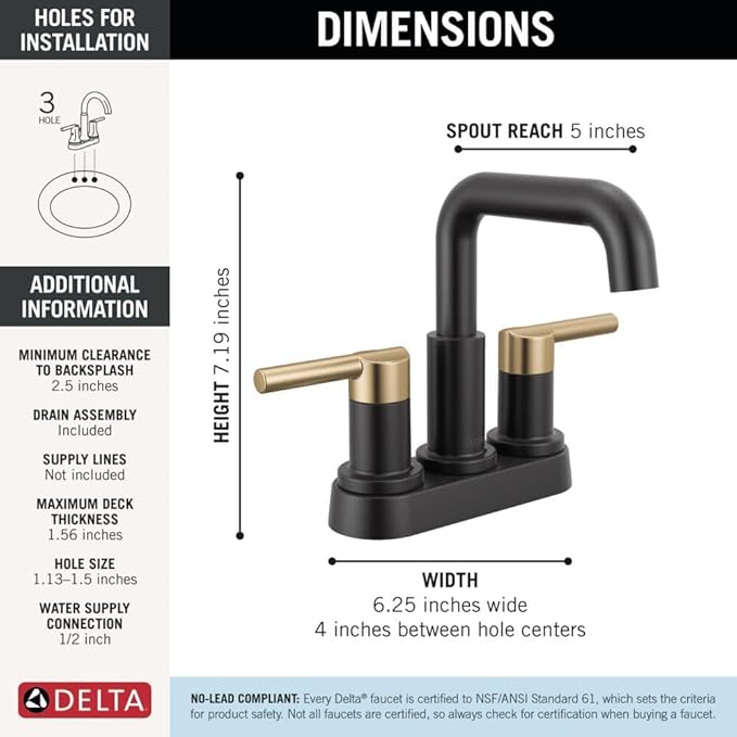 Delta Nicoli Centerset Matte Black/Brushed Gold Bathroom Faucet, 4 Inch 3 Hole Bathroom Sink Faucet for Vanity, Push-Pop Drain Assembly, Matte Black/Champagne Bronze 25849LF-GZ