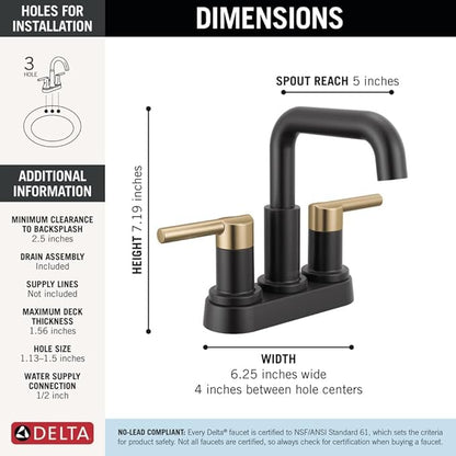 Delta Nicoli Centerset Matte Black/Brushed Gold Bathroom Faucet, 4 Inch 3 Hole Bathroom Sink Faucet for Vanity, Push-Pop Drain Assembly, Matte Black/Champagne Bronze 25849LF-GZ