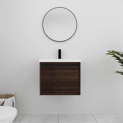 24 Inch Bathroom Vanity with Sink, Modern Floating Single Sink Bathroom Vanities Set, Wall-Mounted Bathroom Vanity, Soft Close Door (California Walnut, 18 * 24)