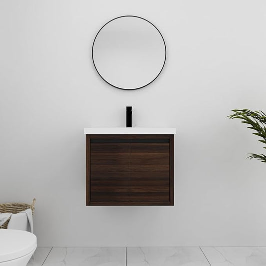 24 Inch Bathroom Vanity with Sink, Modern Floating Single Sink Bathroom Vanities Set, Wall-Mounted Bathroom Vanity, Soft Close Door (California Walnut, 18 * 24)