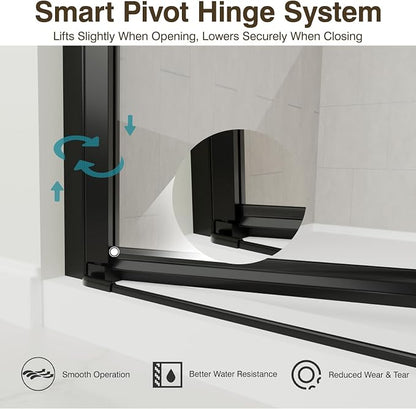28-29.2" W x 72" H Single Frameless Pivot Swing Shower Door | 1/4" Clear SGCC Tempered Glass with a 24.1" walk-in opening, Matte Black Finish, Adjustable Width, Reversible Installation