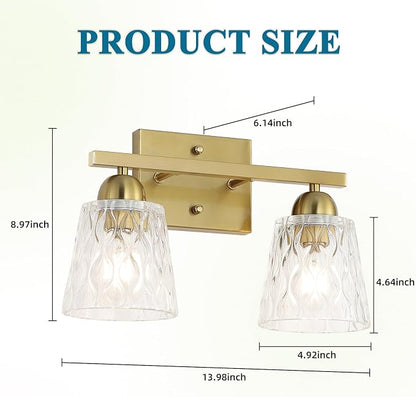 Mecgirn Stainless Steel Bathroom Vanity Light Over Mirror, 2 Light Brushed Gold Bathroom Light Fixtures with Textured Glass Shades, Modern Vanity Lighting Wall Mount