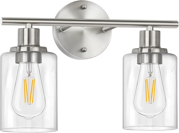 Bathroom Light Fixtures, 2 Light Vanity Light, Silver Wall Sconces Lighting | Modern Bath Wall Mounted Lights with Glass Shade, Porch Wall Lamp for Mirror, Living Room, Bedroom, Brushed Nickel