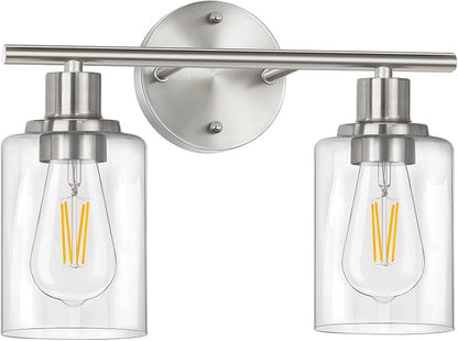Bathroom Light Fixtures, 2 Light Vanity Light, Silver Wall Sconces Lighting | Modern Bath Wall Mounted Lights with Glass Shade, Porch Wall Lamp for Mirror, Living Room, Bedroom, Brushed Nickel