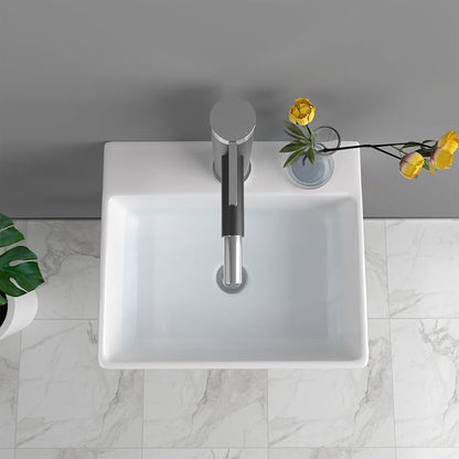 13 Inch Wall Mounted Bathroom Sink, White 13" x 11" Compact Ceramic Wall Mount Vessel Sink Basin, Rectangular Small Bathroom Sink for Powder Room, RV, Apartment, Guest Bathroom