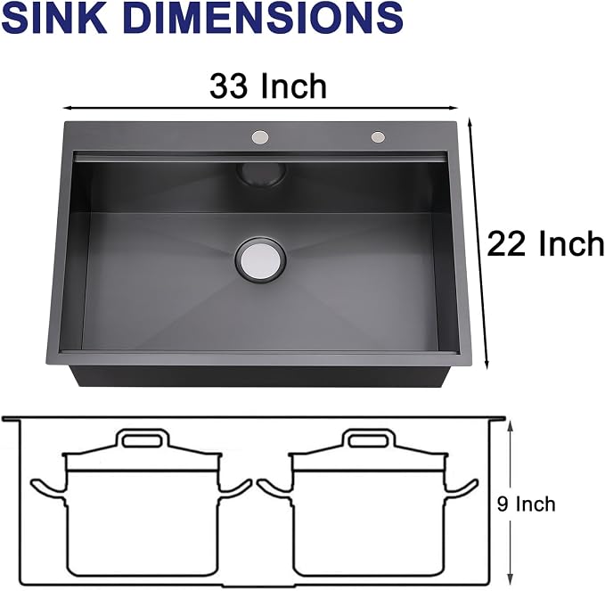 33x22 Inch Black Drop In Kitchen Sink - VAPSINT 33 Inch Top Mount Single Bowl 9 Inch Deep Handmade Workstation Sink in Gunmetal Stainless Steel with Cutting Board & Strainer