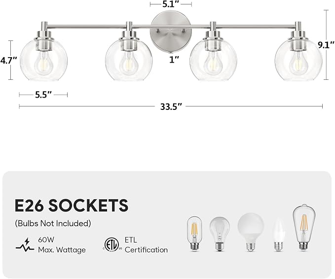 VONLUCE 4 Light Bathroom Vanity Light Fixtures, Brushed Nickel Finish | Globe Glass Shades, E26 Sockets, Easy to install, ETL Certificated, Vanity Lights for Bedroom Hallway Living Room