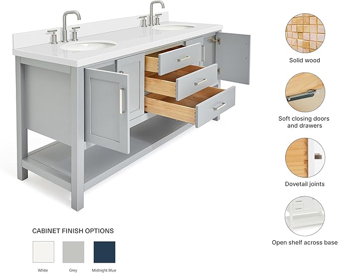 ARIEL Magnolia 72-inch Bathroom Vanity with Sink,Solid Wood, 1.5-inch Pure White Quartz Countertop & Backsplash, Double Oval Porcelain Sink, 4 Soft Closing Doors, 3 Dovetail Drawers, Grey