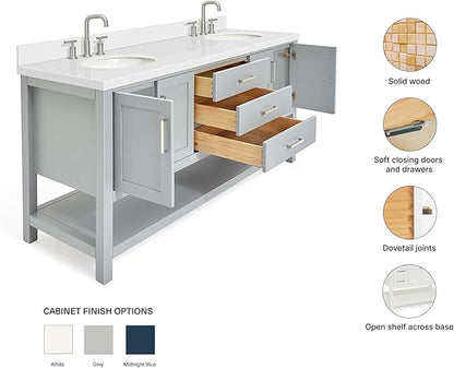 ARIEL Magnolia 72-inch Bathroom Vanity with Sink,Solid Wood, 1.5-inch Pure White Quartz Countertop & Backsplash, Double Oval Porcelain Sink, 4 Soft Closing Doors, 3 Dovetail Drawers, Grey