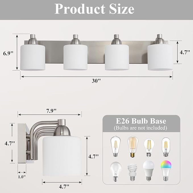 Mecgirn Stainless Steel Milk Glass Bathroom Vanity Light Over Mirror, 4 Light Brushed Nickel Bathroom Light Fixtures with Frosted Glass, Modern Vanity Lighting Wall Mount