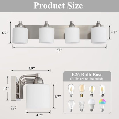 Mecgirn Stainless Steel Milk Glass Bathroom Vanity Light Over Mirror, 4 Light Brushed Nickel Bathroom Light Fixtures with Frosted Glass, Modern Vanity Lighting Wall Mount