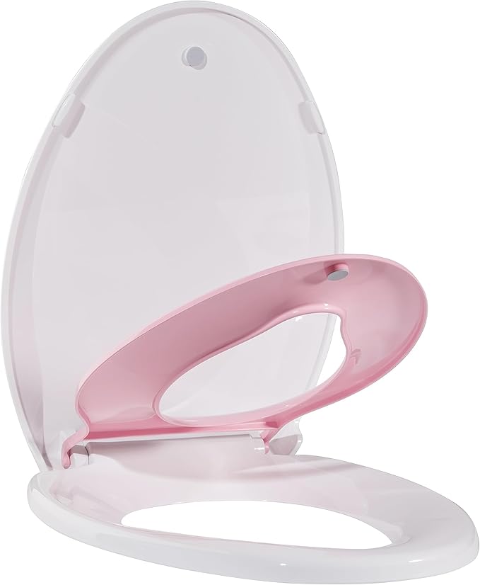 19" Elongated Pink Toilet Seat with Built-In Potty Training Seat, Soft Quiet Close Non-Slip Design for Adult and Child, Magnetic Kids Seat and Cover, Easy to Install for Elongated Toilets