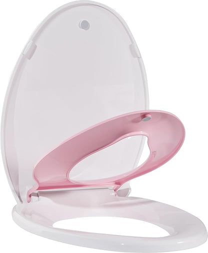 19" Elongated Pink Toilet Seat with Built-In Potty Training Seat, Soft Quiet Close Non-Slip Design for Adult and Child, Magnetic Kids Seat and Cover, Easy to Install for Elongated Toilets