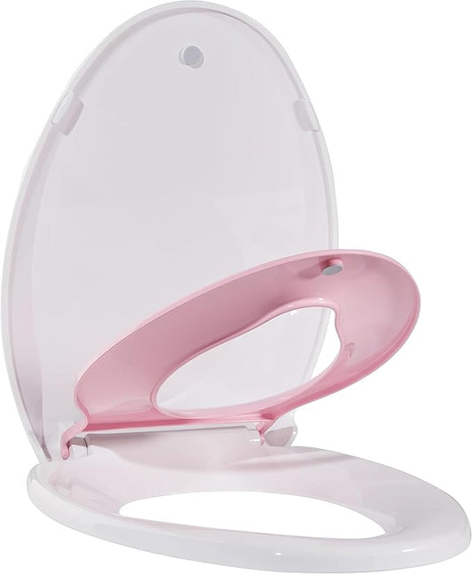 19" Elongated Toilet Seat for Adult and Child, Built-In Potty Training with Soft Quiet Close Non-Slip Design, Magnetic Children's Seat and Cover, Pink Color, Easy Installation