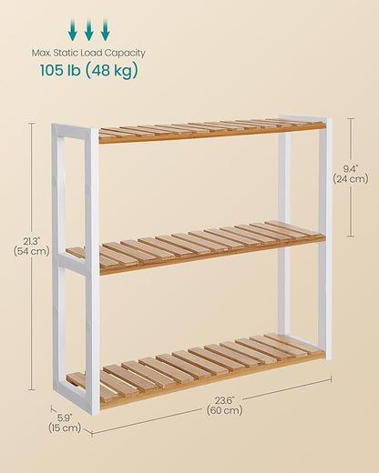 SONGMICS Bamboo Bathroom Shelf, 3-Tier Adjustable Plants Rack, Wall-Mounted or Stand, in The Living Room, Balcony, Kitchen, 5.9 x 23.6 x 21.3 Inches, Natural and Cloud White UBCB13WN