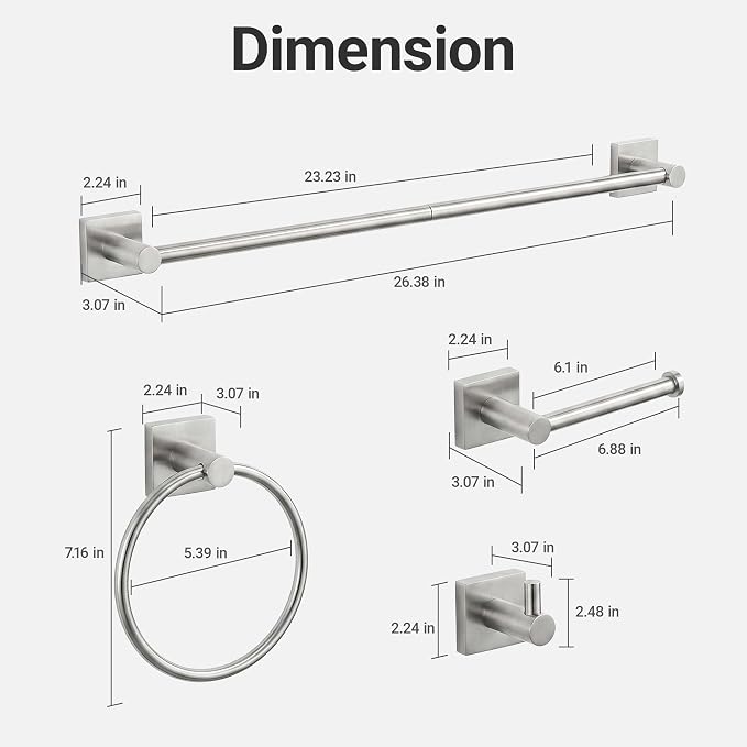 24-Inch Wall Mounted Towel Racks for Bathroom – Space Saver 4-Piece Durable Stainless Steel Bathroom Hardware Set with Towel Bar, Towel Ring, Toilet Paper Holder & Hook, Brushed Nickel