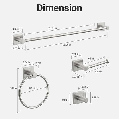 24-Inch Wall Mounted Towel Racks for Bathroom – Space Saver 4-Piece Durable Stainless Steel Bathroom Hardware Set with Towel Bar, Towel Ring, Toilet Paper Holder & Hook, Brushed Nickel