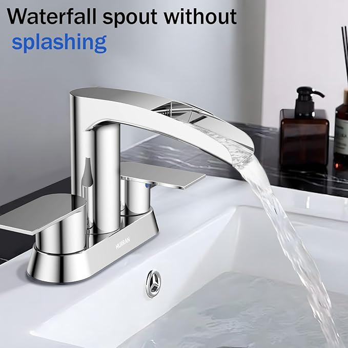 Bathroom Sink Faucet for 3 Hole, Hurran 4 Inch Bathroom Faucets with Pop-up Drain, Stainless Steel 2-Handle Waterfall Faucet for Bathroom Sink, Chrome