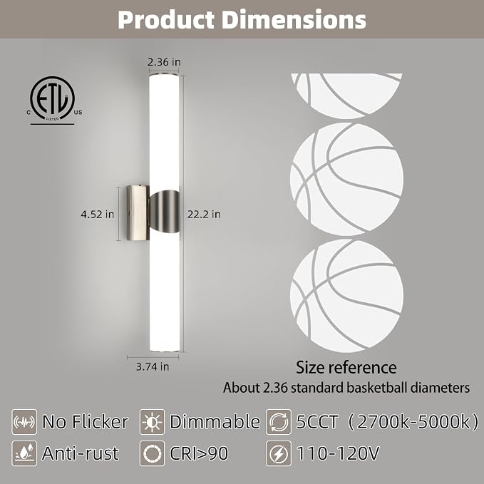 22" Brushed Nickel Bathroom Vanity Lights, Wall Lighting Fixtures | Modern Wall Light for Bathroom Bedroom Living Room Hallway
