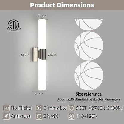 22" Brushed Nickel Bathroom Vanity Lights, Wall Lighting Fixtures | Modern Wall Light for Bathroom Bedroom Living Room Hallway