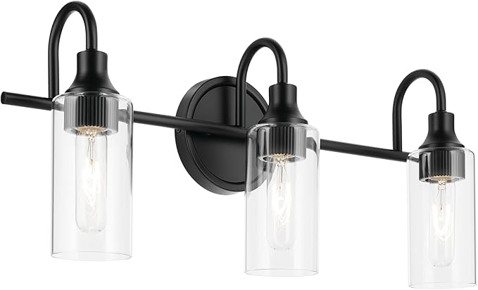 Kichler Kavi 23" 3-Light Vanity Light with Clear Glass in Black, Damp Rated, for Bathroom, Powder Room, Over a Mirror, (23" W x 10" H), 55211BK