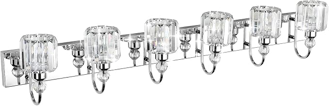 Ralbay 6-Lights Stainless Steel Crystal Bathroom Vanity Lights Over Long Mirror Modern Crystal Vanity Lighting Fixtures for Bathroom