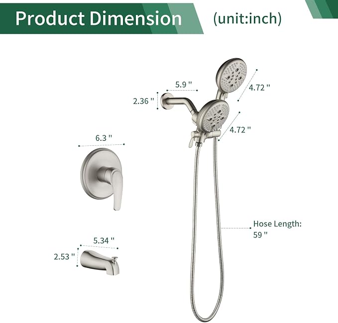 L829-2 Brushed Nickel Shower Faucet Set - Complete Dual Shower Head & Handheld Combo, Tub Spout & Trim Kit