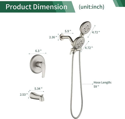 L829-2 Brushed Nickel Shower Faucet Set - Complete Dual Shower Head & Handheld Combo, Tub Spout & Trim Kit
