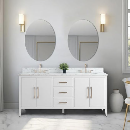 Vanity Art 72 inch Bathroom Vanity with Double Sink & Ceramic Top, Vanity Cabinet with Soft-Closing Doors, Drawers, Solid Wood Frame, White, Brushed Nickle Handware