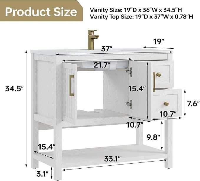 36 Inch Bathroom Vanity with Sink, White | Modern Vanity with gold hardware, integrated SMC sink, 2 drawers, open shelf storage, soft-close doors and adjustable feet