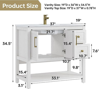 36 Inch Bathroom Vanity with Sink, White | Modern Vanity with gold hardware, integrated SMC sink, 2 drawers, open shelf storage, soft-close doors and adjustable feet
