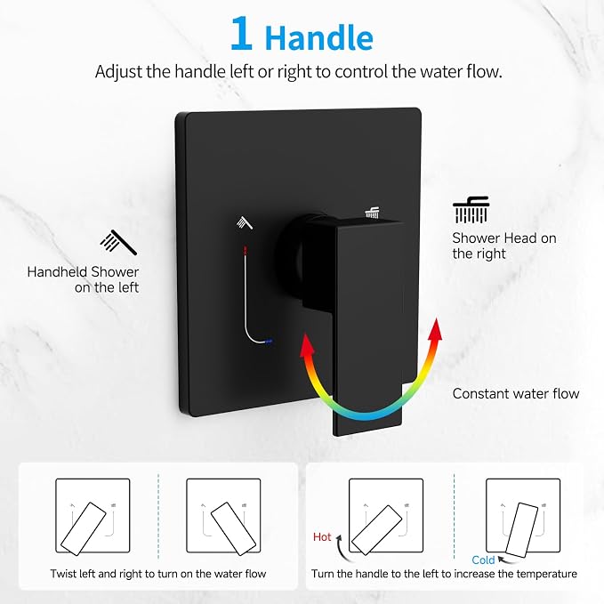 EMBATHER Shower System,10"Shower Faucet Set with Rain Shower Head and Handheld Spray Combo,Included Valve and Trim Kit,Mattle Black