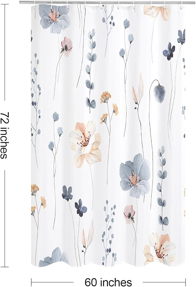 Blue Beige Watercolor Floral Fabric Shower Curtain, 60x72 | Waterproof Fabric, Modern Minimalist Floral Print, Machine Washable, Rustproof Grommets, for Bathroom Home, Stall