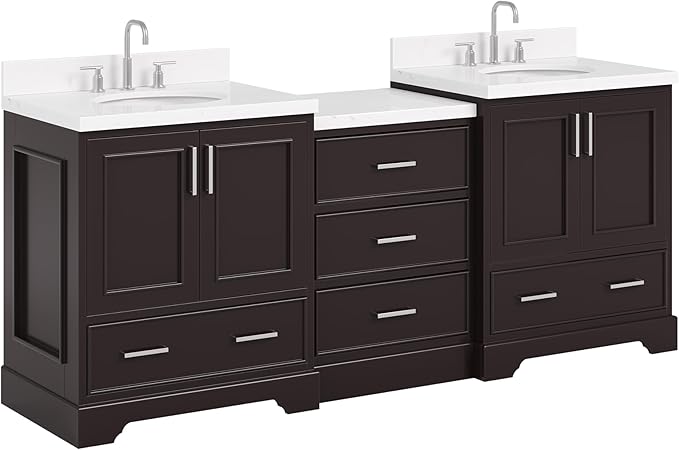 ARIEL Stafford 84-inch Bathroom Vanity with Sink,Solid Wood, 1.5in Carrara White Quartz Countertop & Backsplash, Double Oval Porcelain Sink, 4 Soft Closing Doors, 5 Dovetail Drawers, Espresso