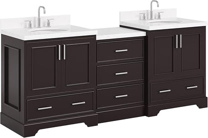 ARIEL Stafford 84-inch Bathroom Vanity with Sink,Solid Wood, 1.5in Carrara White Quartz Countertop & Backsplash, Double Oval Porcelain Sink, 4 Soft Closing Doors, 5 Dovetail Drawers, Espresso