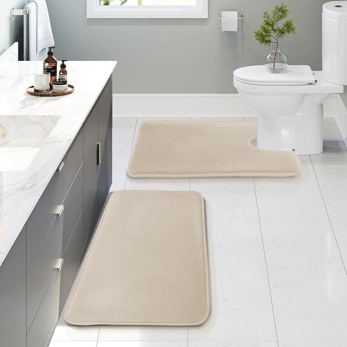 Clara Clark 2 Piece Bathroom Rugs, Velvet Memory Foam Bath Mat Set, Non-Slip Bath Rugs, Machine Wash, Dries Quickly, Ultra Soft Plush Bath Mats for Bathroom, 20 x 32 + Contour, Linen