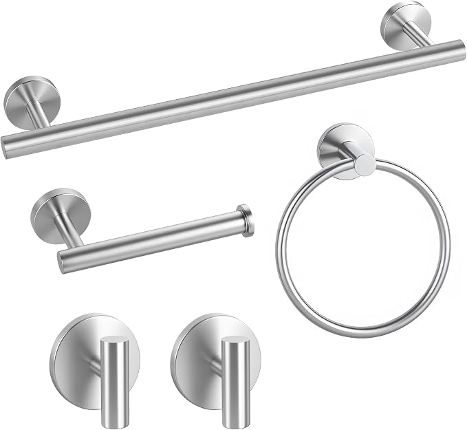 Brushed Nickel Bathroom Hardware Set 5 Pieces, Bathroom Towel Rack Holder Set Wall Mounted, SUS304 Stainless Steel Towel Bar Set - 16 Inch Towel Bar, Toilet Paper Holder, Towel Hooks, Towel Ring