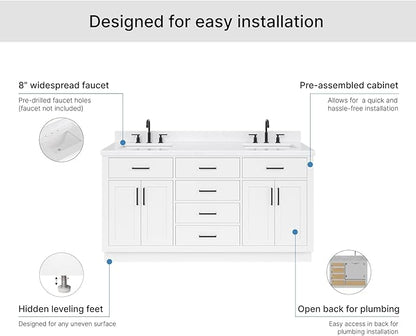 ARIEL Hepburn 66-inch Bathroom Vanity with Sink,Solid Wood, 1.5-inch Carrara White Quartz Countertop & Backsplash, Double Rectangular Porcelain Sink, 4 Soft Closing Doors, 6 Dovetail Drawers, White