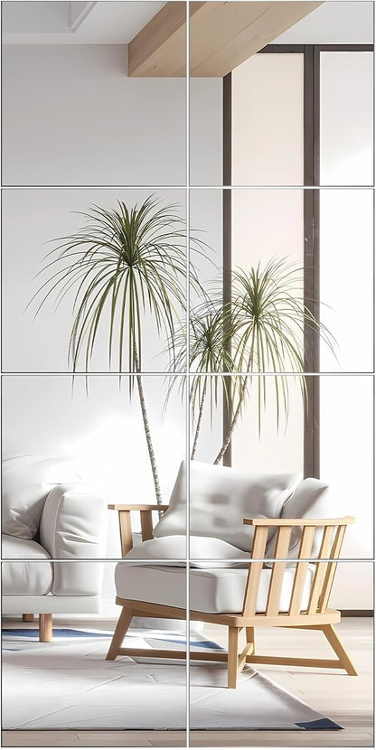 VASUHOME Glass Full Length Wall Mirror Tiles- 12x12 Inch- 8PCS Frameless Full Body Mirror for Home Gym, Bedroom, Living Room - Versatile Wall Mirror with Unrivaled Clarity