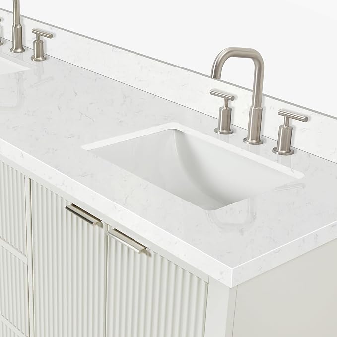 ARIEL Milan 72-inch Bathroom Vanity with Sink,Solid Wood, 1.5-inch Carrara White Quartz Countertop, Double Rectangular Porcelain Sink, 4 Soft Closing Doors, 3 Dovetail Drawers, Warm White